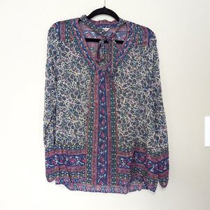 Lucky Brand Blue Purple Boho Floral Long Sleeve Blouse